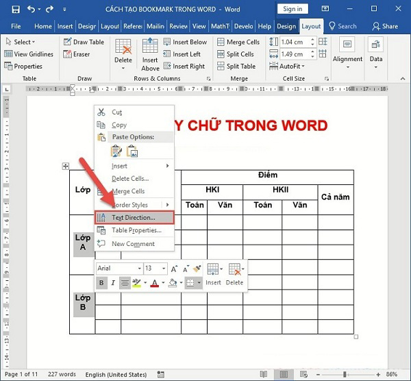 Chọn vào mục Text Direction