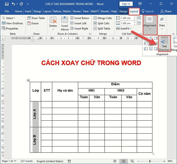 Nhấn chọn vào mục Text Direction