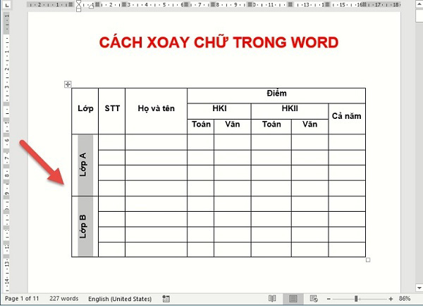Kết quả mà các bạn đã xoay chữ nằm trong bảng biểu