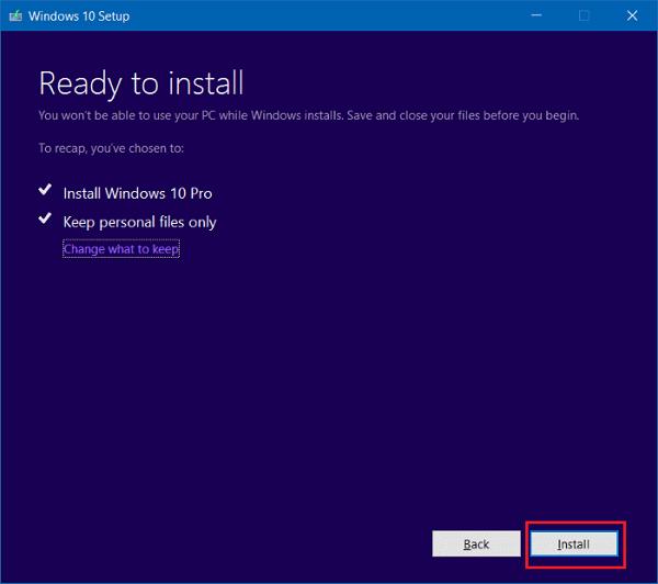 Màn hình xuất hiện mục Keep personal files only lần nữa, lần này với Install