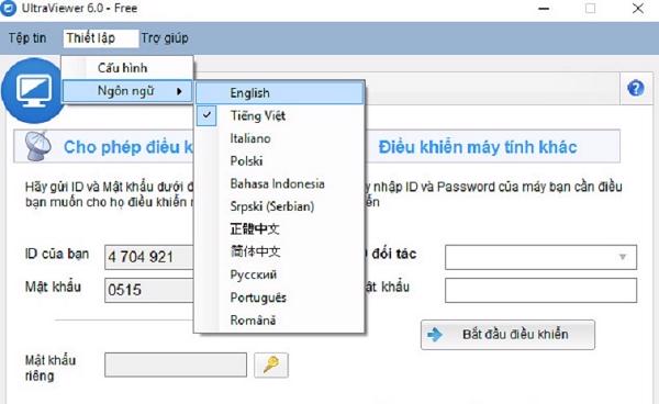 Chọn vào mục Thiết lập rồi sau đó chọn vào Ngôn ngữ
