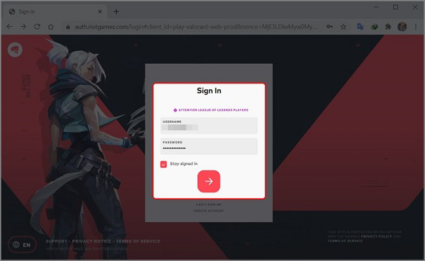 Điền tên và mật khẩu để đăng nhập vào tài khoản Riot Na để tải game