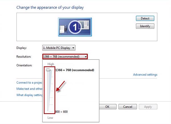 Di chuyển thanh kéo trượt xuống hoặc lên để chọn vào độ phân giải màn hình 1366x768