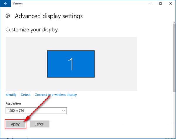 Nhấn tiếp vào Apply để hoàn tất các bước tùy chỉnh độ phân giải màn hình win 10