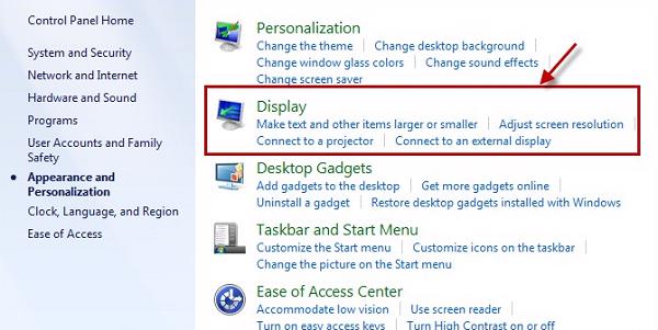 Chọn vào mục Display ở ngay bên phải