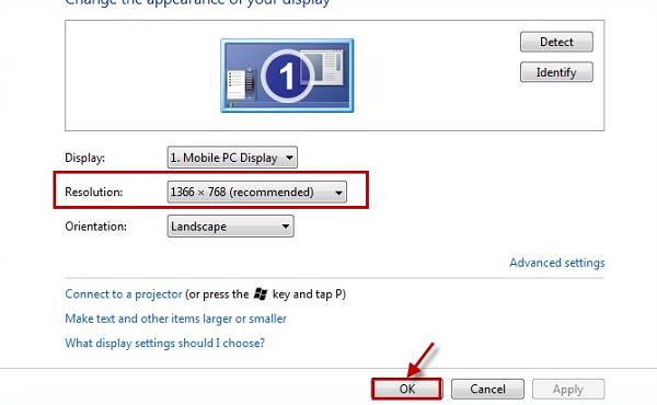 Chọn và thay đổi độ phân giải 1366x768 ở mục Resolution và nhấn vào OK