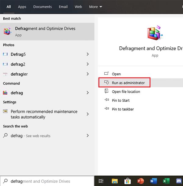 Tìm kiếm từ khoá defrag và chọn vào kết quả Defragment and Optimize Drives hiển thị ra