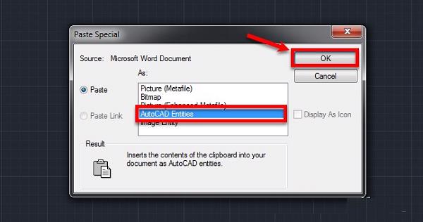 Chọn vào AutoCAD Entities -> nhấn vào OK