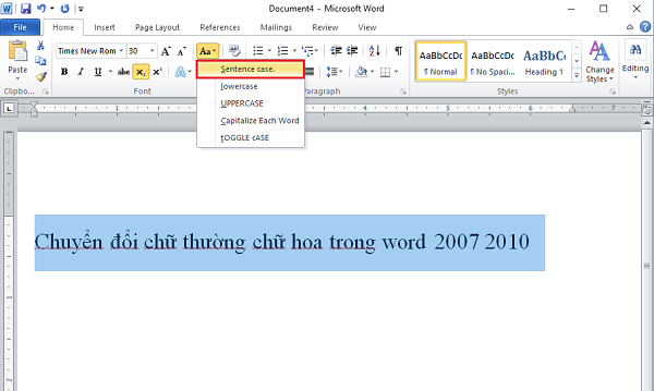 Đoạn văn bản đã chuyển tất cả chữ cái về dạng chữ thường (lowercase) trong Word