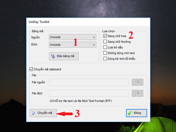 Giao diện công cụ Chuyển mã (Toolkit) của UniKey với các tùy chọn Bảng mã và Lựa chọn