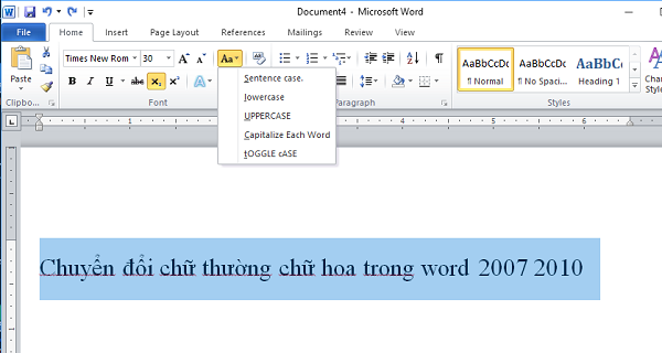Menu Change Case trong Microsoft Word với các tùy chọn định dạng chữ