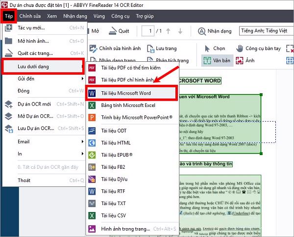 Chọn vào Tệp -> Lưu dưới dạng -> Tài liệu Microsoft Word