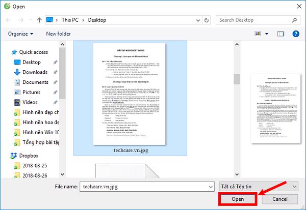 Chỉ việc tới file scan cần chuyển sang Word và chọn tiếp vào Open