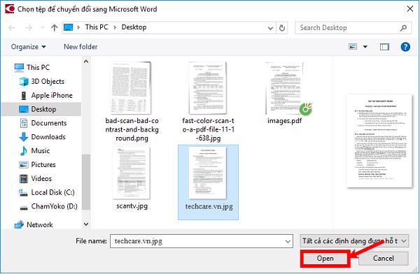 Chọn tới file scan cần chuyển sang Word và nhấn tiếp vào Open