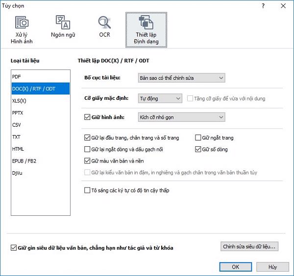 Tại cửa sổ mới các bạn có thể thiết lập Xử lý hình ảnh, Ngôn ngữ, OCR và Thiết lập định dạng