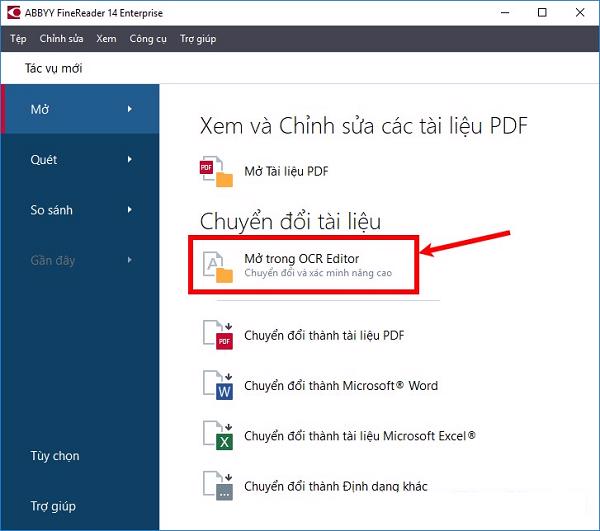 Trên giao diện chính của phần mềm ABBYY FineReader, các bạn chọn vào Mở trong OCR Editor