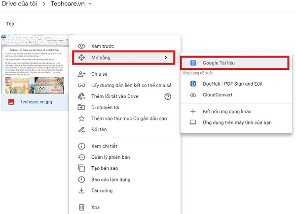 Chọn Mở bằng (Open with) và chọn vào Google tài liệu