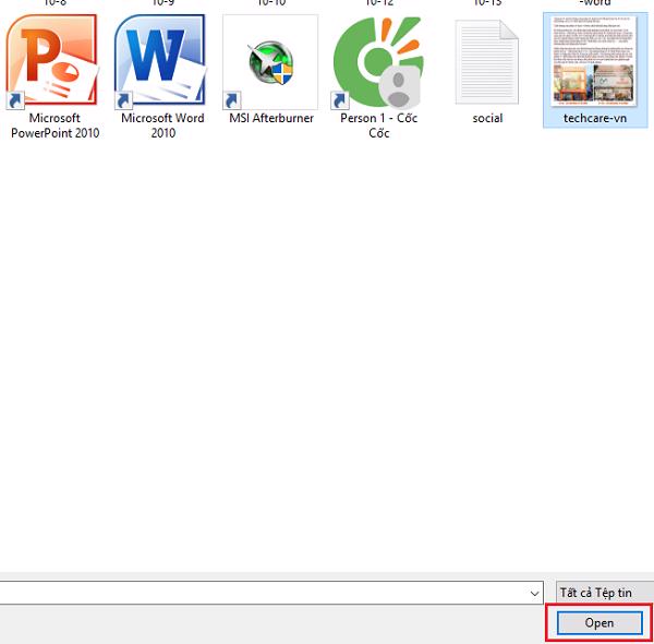 Chọn vào Open