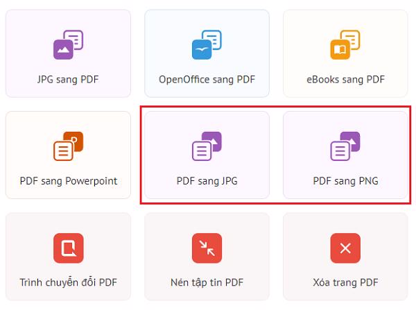Chọn tiếp 1 trong 2 mục PDF sang JPG hoặc PDF sang PNG tùy vào định dạng ảnh