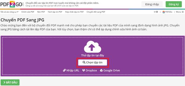 Nhấn vào nút Chọn tập tin để chọn file PDF mà mình muốn chuyển đổi