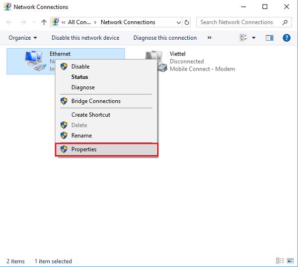 Nhấn chuột phải vào Ethernet và chọn tiếp Properties