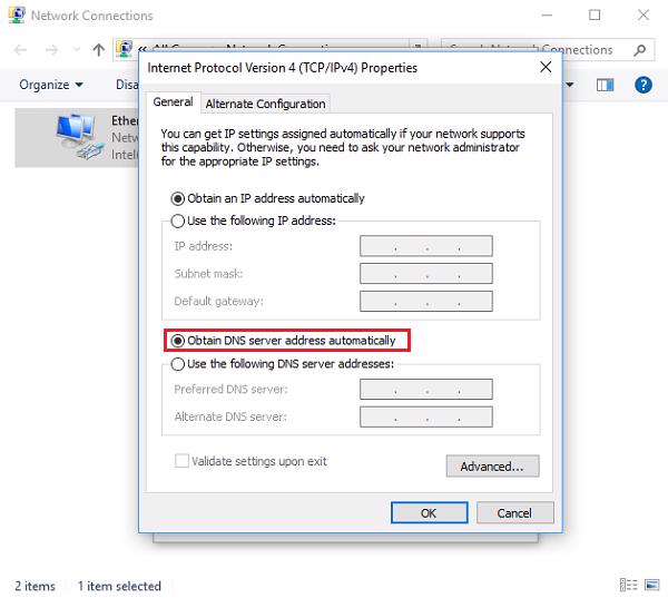 Chọn vào mục Obtain DNS server address automatically và nhấn vào OK