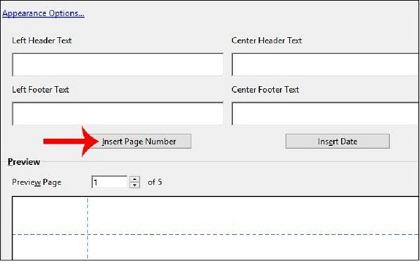 Chọn vào chuột tại khung trắng vị trí các bạn muốn chèn số trang và nhấn vào Insert Page Number