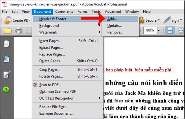 Chọn Header & Footer và chọn mục Add để thêm