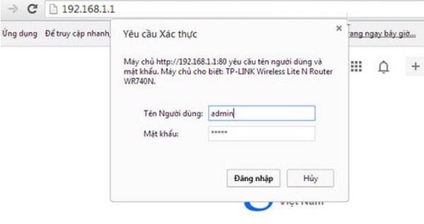 Truy cập vào địa chỉ 192.168.1.1, rồi sau đó nhập username và password vào