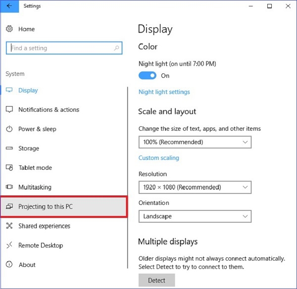 Chọn vào phần Projecting to this PC