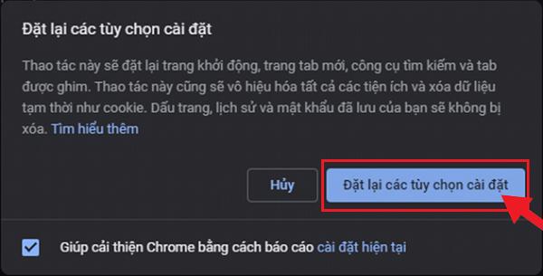 Nhấn vào Đặt lại các tùy chọn cài đặt