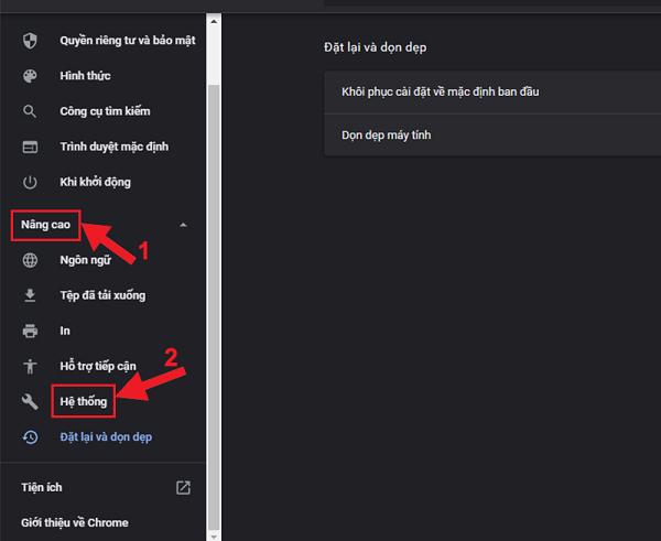 Nhấn tiếp Nâng cao -> tiếp theo nhấn vào Hệ thống