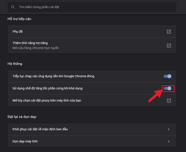 Gạt nút từ phải sang trái để có thể tắt chế độ tăng tốc phần cứng