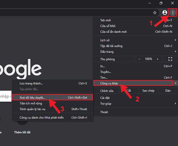 Nhấn vào icon 3 chấm -> Công cụ khác -> Xóa dữ liệu duyệt web