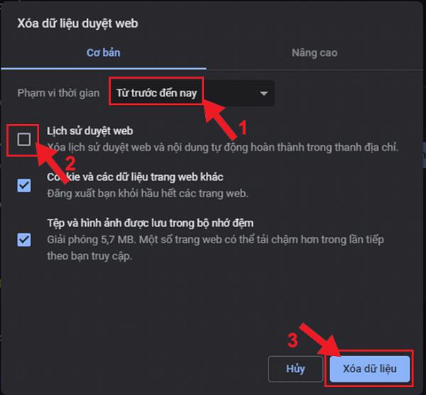 Cơ bản -> phạm vi thời gian Từ trước đến nay -> Lịch sử duyệt web -> Xóa dữ liệu