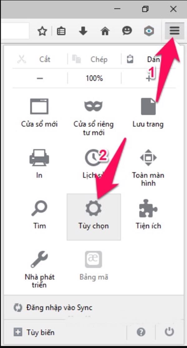 Chọn vào mục Tùy chọn trong trình duyệt