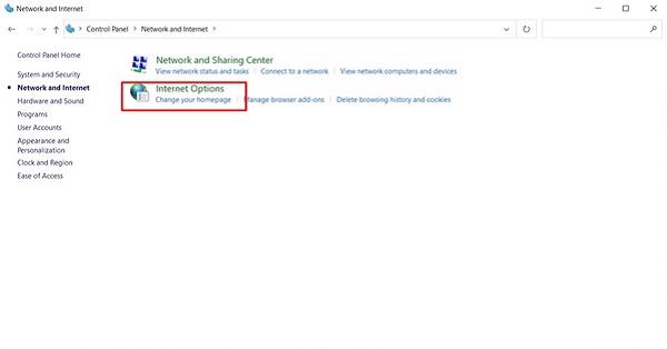 Lựa chọn vào mục Internet Option