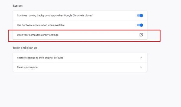 Nhấn vào mũi tên phía bên phải của ô Open proxy settings