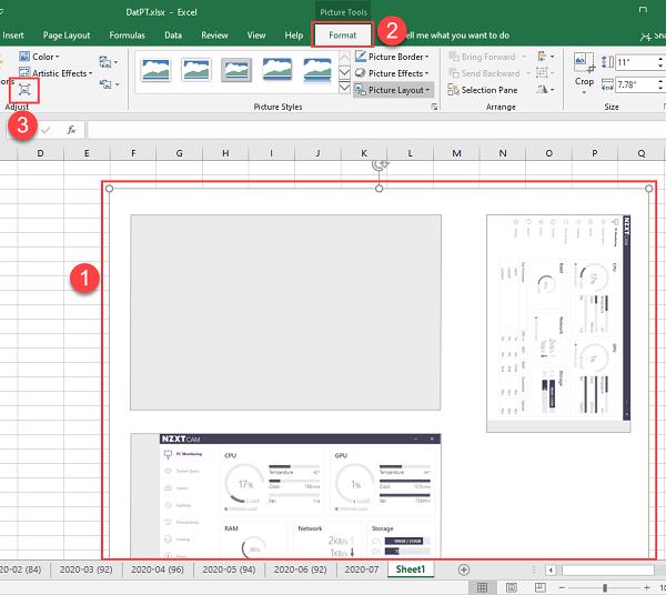 Nhấn vào hình ảnh (1), sau đó các bạn chọn vào thẻ Format (2) và chọn tiếp mục Optimizer (3)