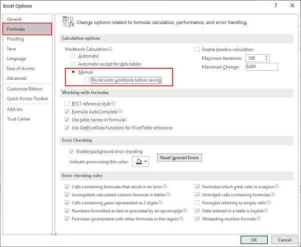 Formulas -> Manual -> bỏ dấu tích mục Recalculate Workbook Before Saving