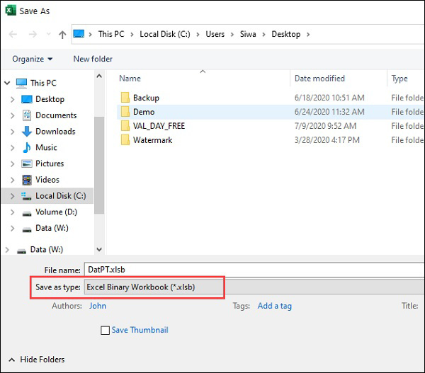 Thiết lập mục Save as type trở thành Excel Binary Workbook (*.Xlsb)