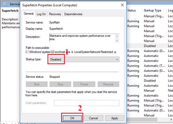 Chọn vào Disabled, tiếp tục nhấn Stop và cuối cùng nhấn OK là xong
