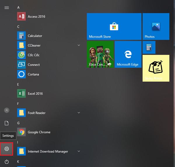Mở Start menu và chọn vào mục Settings