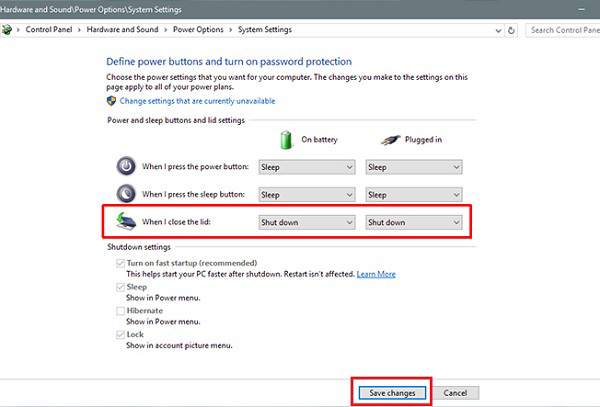 Chọn Shutdown trong danh sách menu ở cột On battery và Plugged