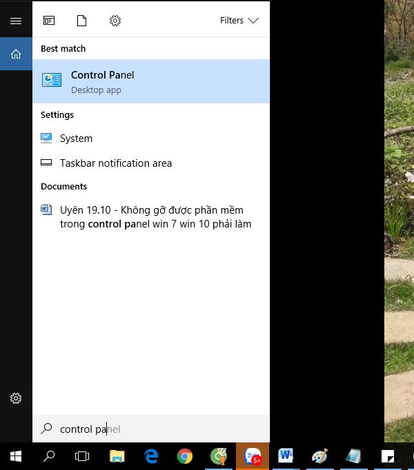 Nhập từ khóa Control Panel ở thanh tìm kiếm Windows