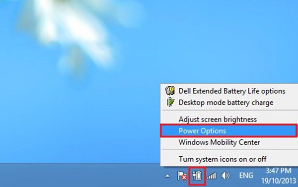 Nhấn chuột phải vào biểu tượng pin -> Power Options