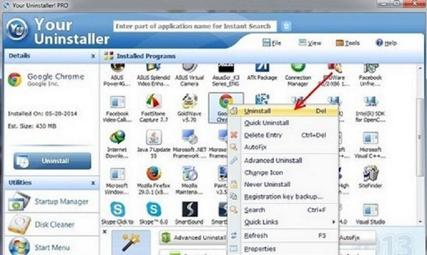 Nhấn chuột phải lên ứng dụng Google Chrome và chọn tiếp vào Uninstall để gỡ bỏ cài đặt