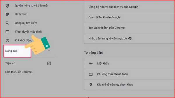 Chọn vào mục Nâng cao ở bên trái màn hình