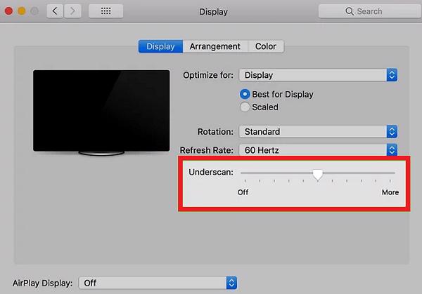 Kéo con trượt Underscan ở phía cuối trang về bên phải