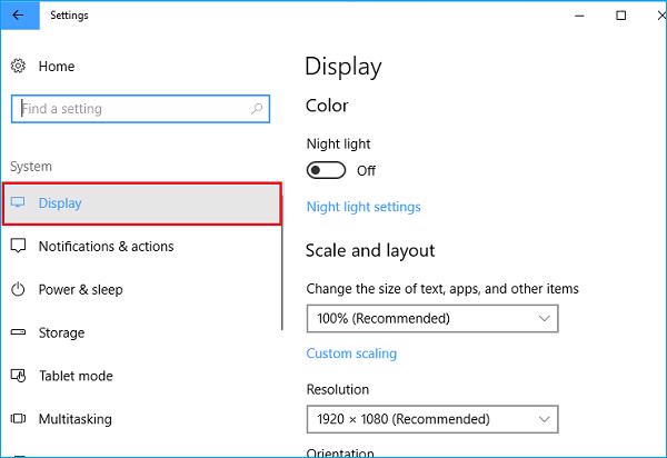 Nhấn vào mục Display